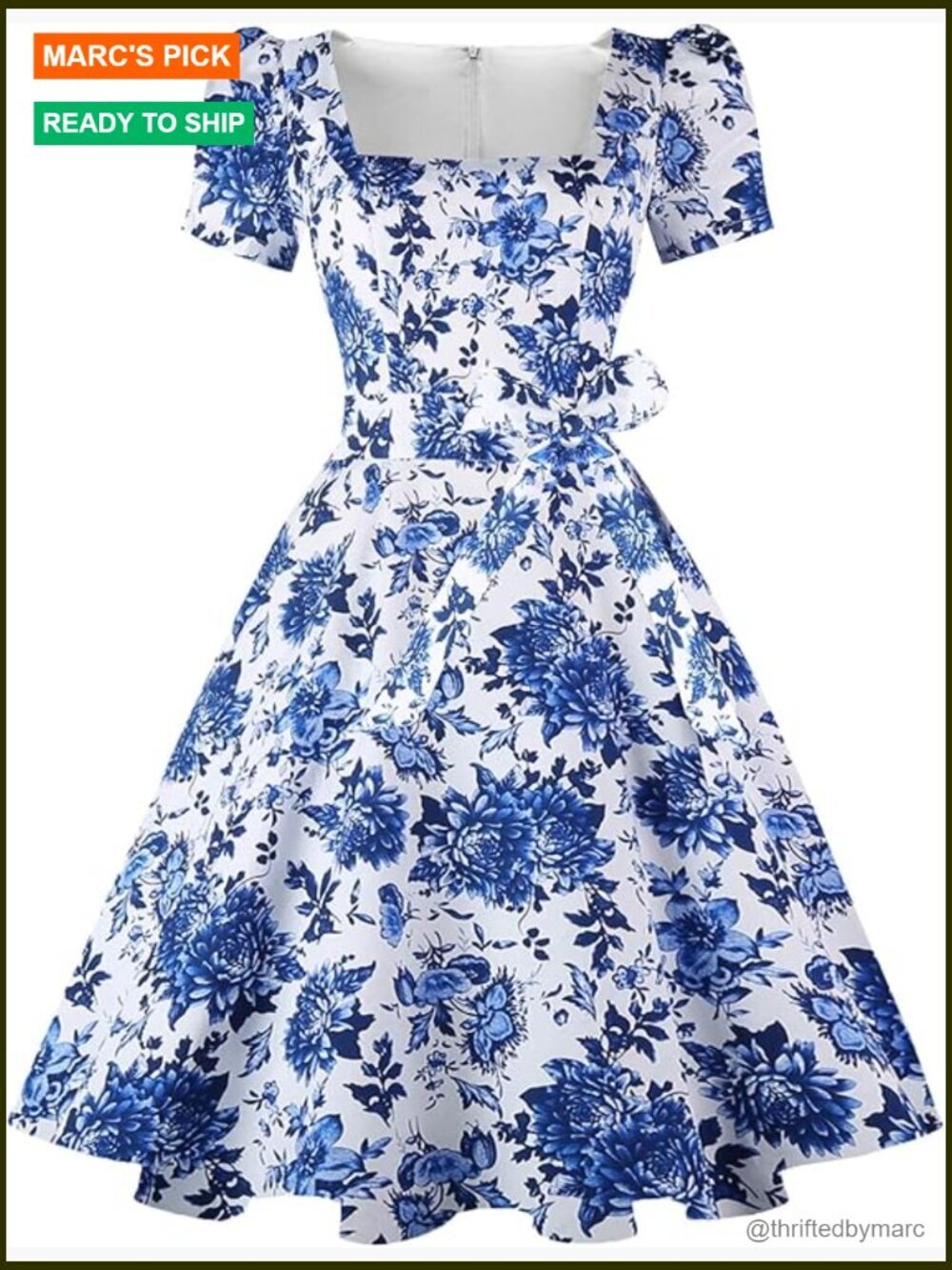 Square Neck Puff Sleeve Cocktail Dress with Pockets